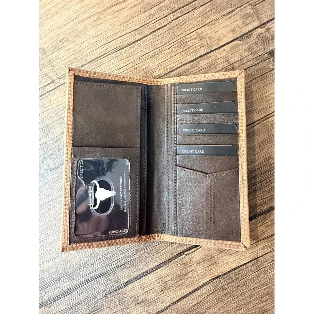 American Bison Mens Genuine Leather Long Wallet RFID Deer Embossed Brown Bifold